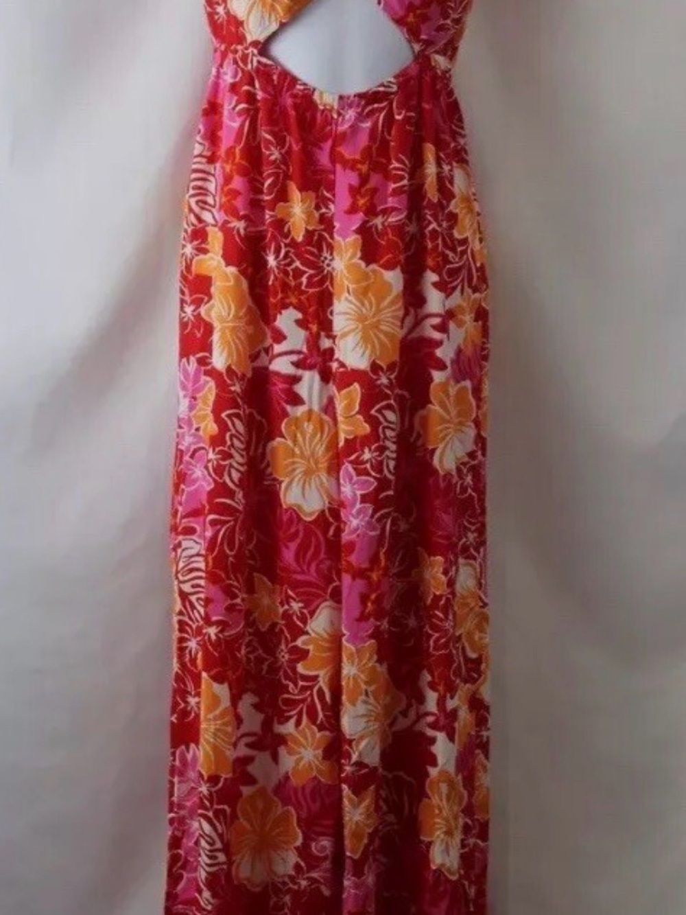 Roxy Pink and Red Floral Cutout Jumpsuit with Yellow Accents